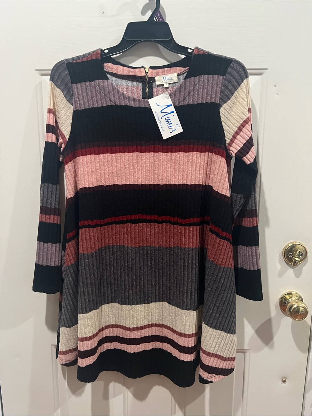 Ribbed Long-Sleeve Striped Dress in Pink, Black & Gray